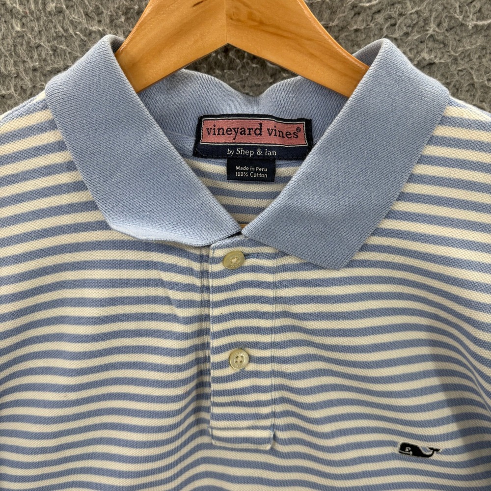 Vineyard Vines Polo Shirt Mens M Blue Striped Short Sleeve Cotton Whale Logo